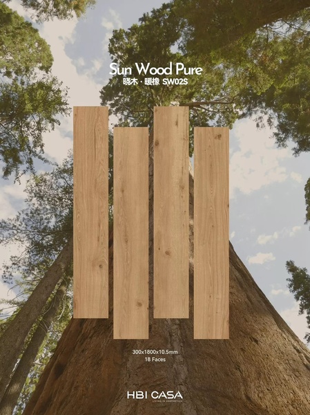 A minimalist, hero-style ad featuring high-resolution ceramic tile samples set against a grand forest canopy background.