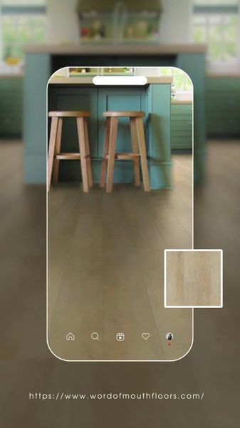 This creative demonstrates a real-time augmented reality filter that overlays new flooring options onto a user's existing kitchen interior.