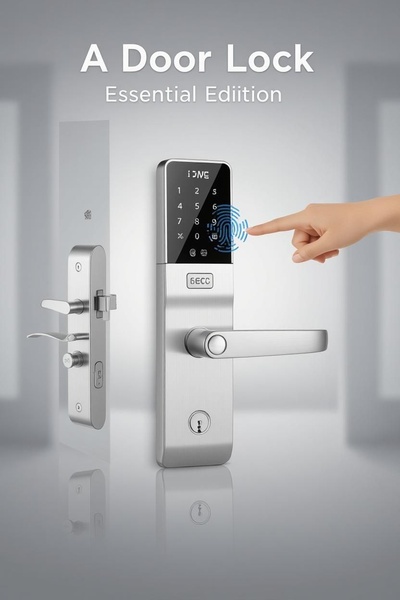 A clean, high-contrast product hero shot featuring a fingerprint door lock with an interactive touch interface overlay.