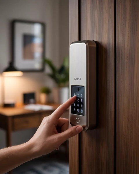 A close-up shot of a hand interacting with a sleek, metallic smart door lock mounted on a modern wooden door.