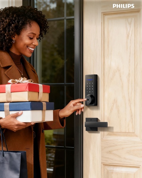 A lifestyle-focused creative showcasing a user effortlessly using a smart lock to enter their home while carrying packages.