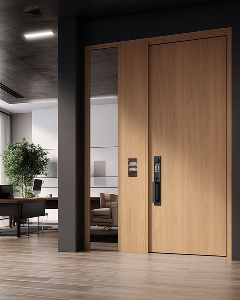 A high-end, clean interior shot focusing on a wood-finish door with a modern black smart lock and built-in keypad.