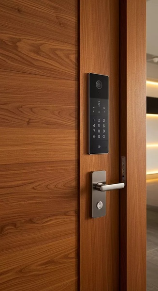 A clean, high-contrast shot of a modern smart door lock installed on a natural wood door, focusing on product build quality and sleek design.