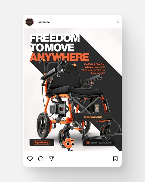 A 4:5 vertical ad showcasing an electric wheelchair with bold typography highlighting mobility and core product specifications.