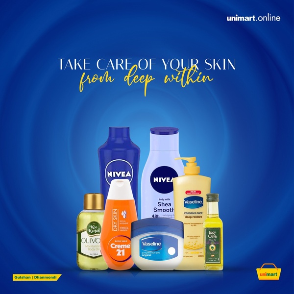 A clean, studio-lit grouping of various body moisturizers and oils set against a vibrant blue radial gradient to emphasize deep skin hydration.