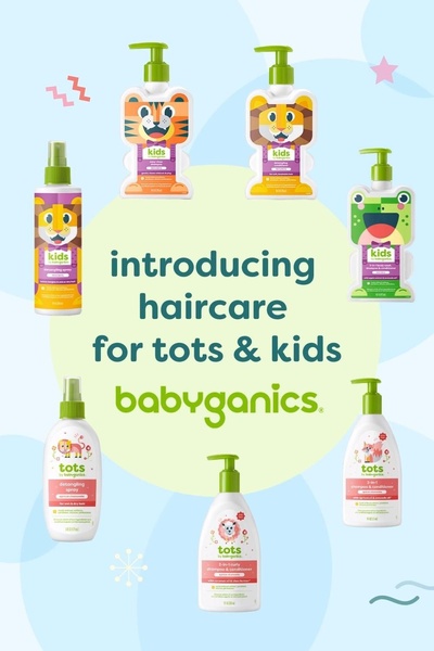 A clear, organized display of various kids haircare bottles featuring playful animal branding against a light blue backdrop.