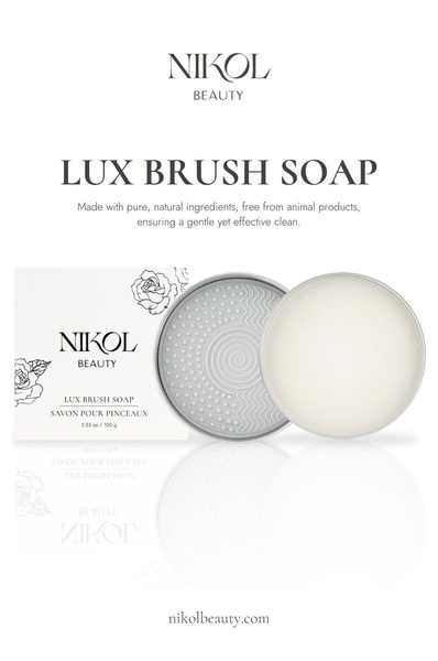 brush cleaner soap, makeup brush soap, brush cleaning soap, cosmetic brush cleaner, brush cleansing solid, makeup tool cleaner, product launch, brand awareness, minimalist, editorial, luxurious, calm, neutral