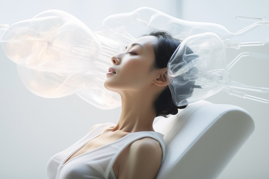 A high-end, minimalist aesthetic creative showcasing a subject in a relaxed, clinical setting with abstract medical-grade headgear representing rejuvenation.
