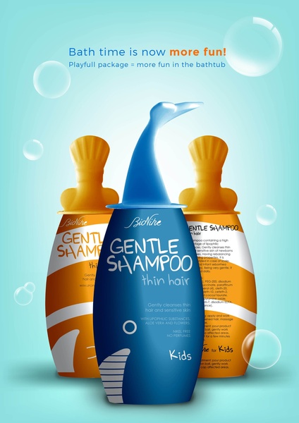 A 3:4 aspect ratio ad featuring three gentle shampoo bottles shaped like swimming whales, set against a light blue, bubbly background.