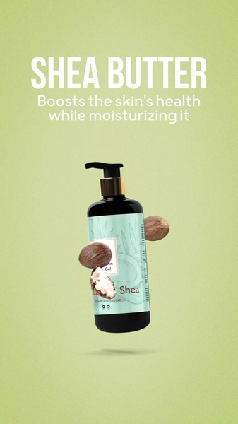 A clean, minimalist product display featuring a pump bottle of shea butter suspended in mid-air with raw shea nuts, set against a soft sage green background.
