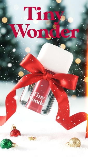 A high-contrast 9:16 vertical image featuring a lipstick branded as Tiny Wonder, tied with a red gift ribbon, set against a blurred Christmas tree background with falling snow.