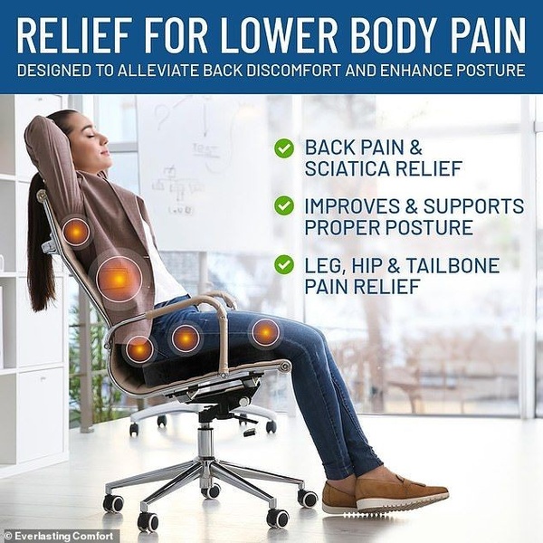 This static square creative uses glowing anatomical overlay markers on a woman sitting on a seat cushion to visually pinpoint relief zones for back and lower body pain.