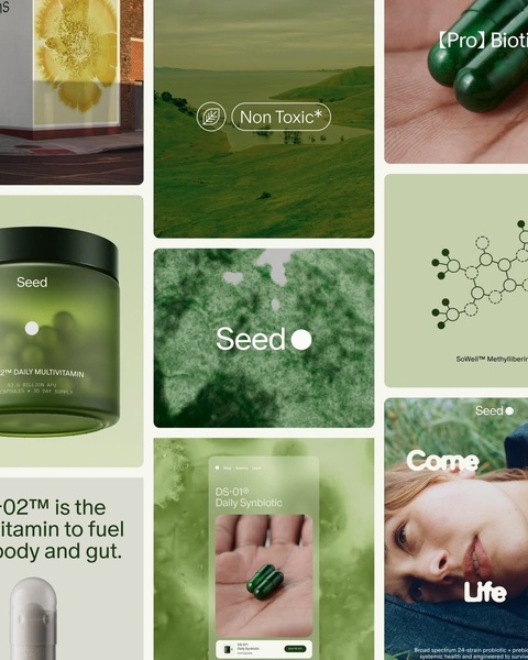 A high-concept grid layout featuring a probiotic supplement bottle, scientific molecular diagrams, and lifestyle imagery to establish brand authority and product safety.