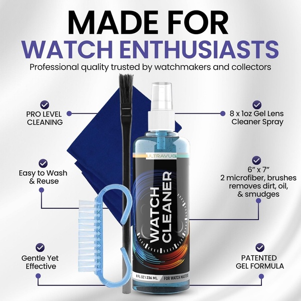 watch cleaner, watch cleaning kit, watch cleaning spray, watch care kit, jewelry cleaning solution, watch cleaning set, product launch, brand awareness, minimalist, modern typography, trustworthy, bold, blue, neutral, black