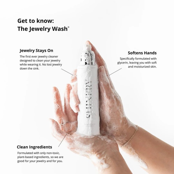 An educational product showcase featuring a 1:1 image layout with clear callout annotations describing the jewelry wash's benefits for both the items and skin.
