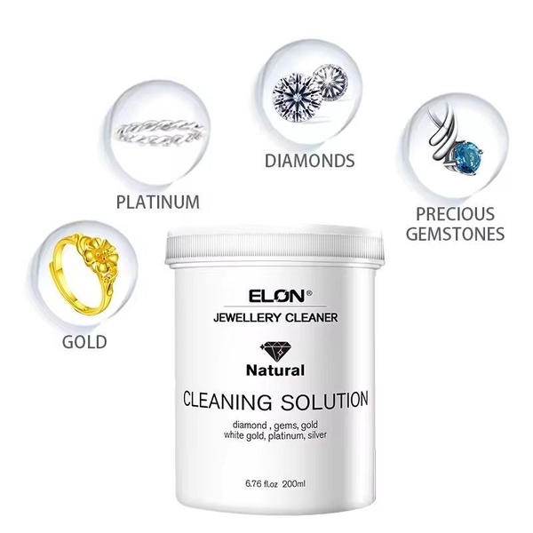 A clear, instructional product display showing the jewellery cleaner cleaning four different types of precious metals and stones.