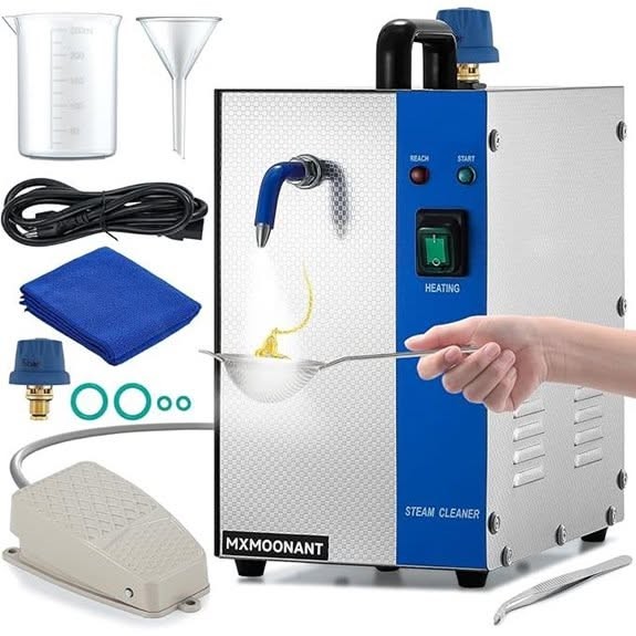 A high-contrast 1:1 image featuring a benchtop steam cleaner with its included accessories and a human hand demonstrating the steam output.