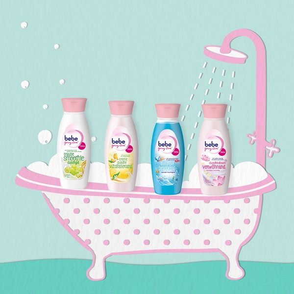 A collection of colorful shower gel bottles set in a stylized, illustrated paper cutout bathtub environment.