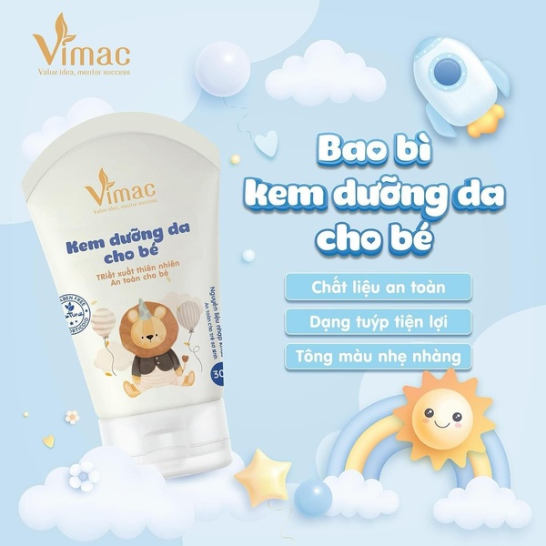 A clean, soft-toned graphic showcasing baby skin cream with key benefits clearly listed beside the product packaging.