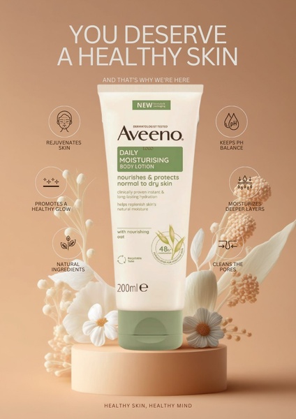 A clean, informative product graphic surrounding a body lotion bottle with clear benefit icons and descriptions.
