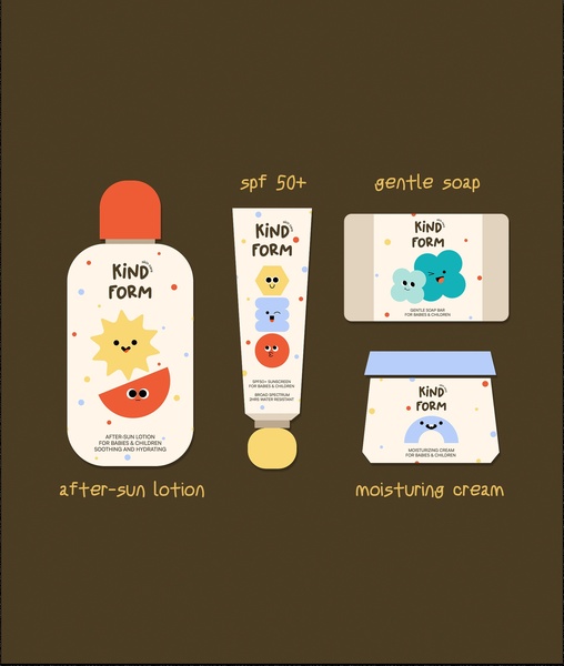 baby skincare set, baby sunscreen, kids moisturizing cream, baby soap bar, after sun lotion, children skin care, baby body lotion, product launch, brand awareness, minimalist, editorial, playful, warm, brown, neutral, orange