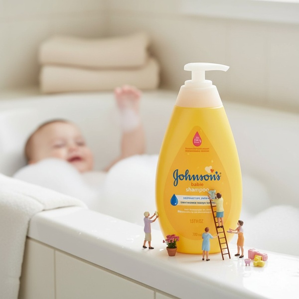 A clever, surreal visual showing tiny people interacting with a massive baby shampoo bottle placed on the edge of a bathtub containing a baby.