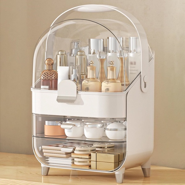 makeup organizer, cosmetic storage box, skincare organizer, vanity organizer, makeup storage case, bestseller push, minimalist, calm, trustworthy, neutral