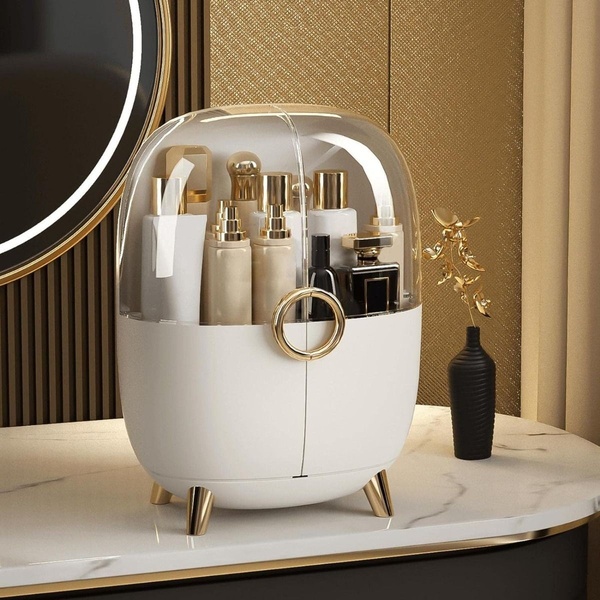 makeup organizer, cosmetic storage case, skincare display box, vanity organizer, beauty product organizer, bestseller push, minimalist, editorial, luxurious, calm, neutral, gold