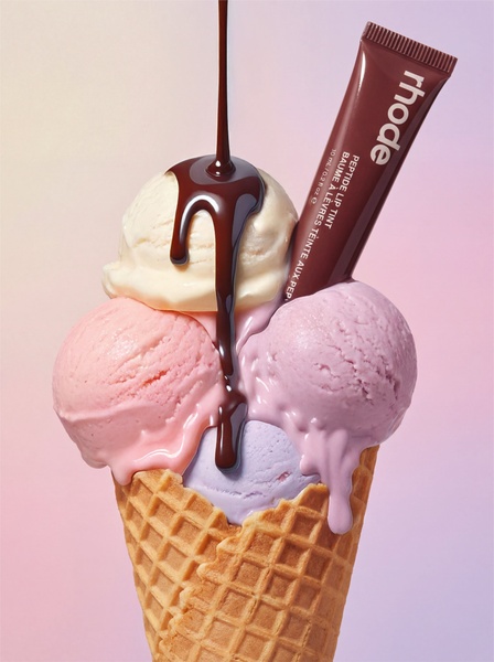 A high-contrast, artistic visual featuring a Peptide Lip Tint tube stylized as a dessert topping on a melting ice cream cone.