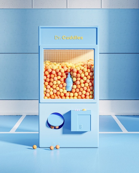 A skin care bottle is centered in a digital claw machine surrounded by small, round toy balls, emphasizing the product's premium and playful nature.