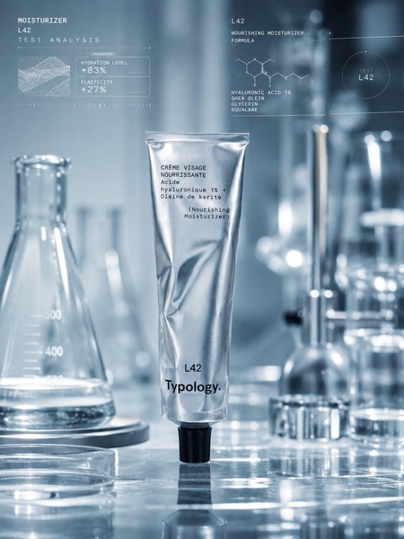 A high-contrast, professional product shot of a moisturizer tube styled within a laboratory environment featuring analytical data overlays.