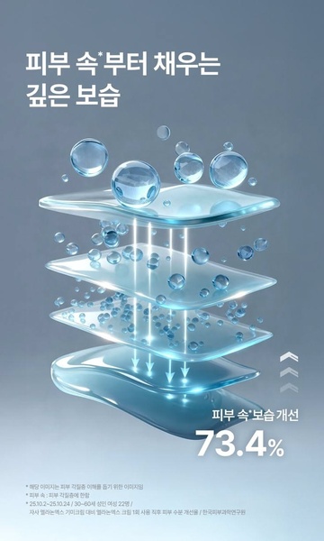 A performance-focused ad using a layered 3D graphic to illustrate skin moisture absorption with a verified statistics anchor.