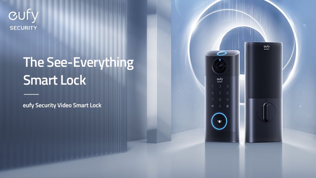 A high-end product showcase for a video smart lock featuring a clean, futuristic aesthetic and focused messaging.