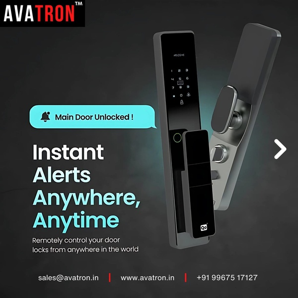 A clean, modern product showcase of a smart lock featuring an instant mobile alert notification to emphasize remote security and peace of mind.