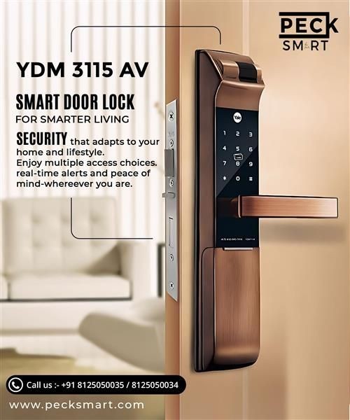 A static product-focused ad showcasing the YDM 3115 AV smart door lock in a clean, professional home interior setting.