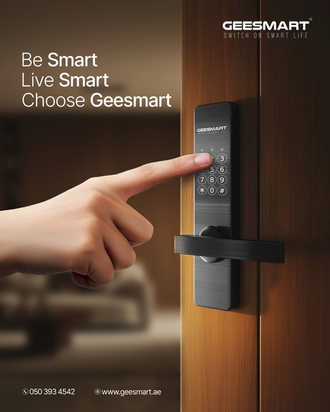 A close-up, high-quality image of a finger interacting with a modern keypad smart lock on a wooden door, highlighting ease of access and smart home convenience.