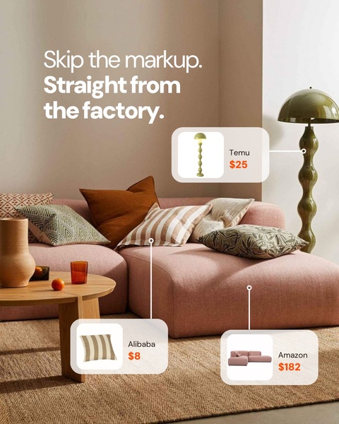 A comparative ad creative featuring a sectional sofa that highlights the cost difference between direct-from-factory pricing and third-party retail markups.