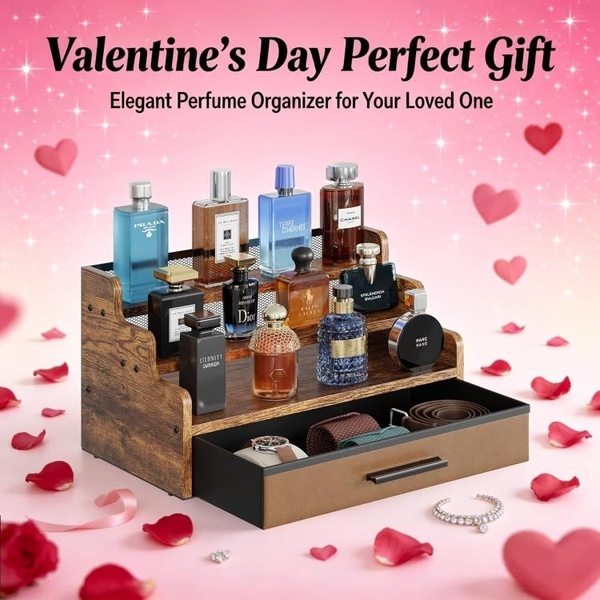 perfume organizer, cologne organizer, fragrance display stand, countertop organizer, vanity storage rack, tiered display shelf, sale promotion, brand awareness, minimalist, modern typography, warm, playful, pink, brown, valentine's day