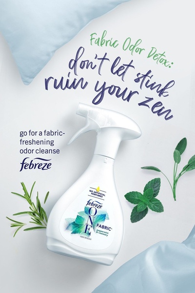 fabric refresher, fabric deodorizer, fabric spray, odor eliminator spray, clothing deodorizer, upholstery freshener, product launch, brand awareness, flat lay, minimalist, fresh, calm, neutral, green, blue