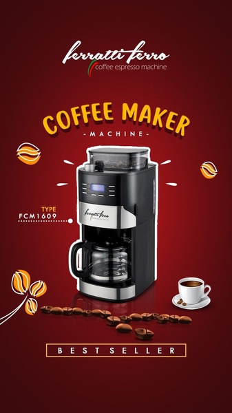 A vertical social ad featuring a coffee espresso machine with bold text overlays and floating coffee bean imagery to emphasize premium quality.