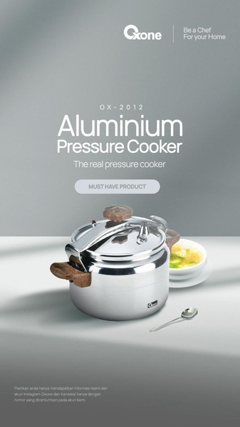 A clean, studio-style product photography ad highlighting an aluminium pressure cooker against a neutral grey background.