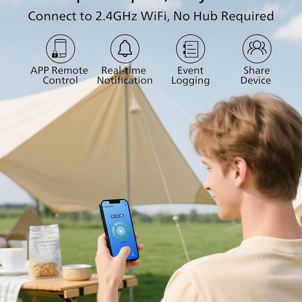 A feature-focused ad for a smart lock showing a user controlling the device via a smartphone app in an outdoor setting, complemented by clear benefit icons.