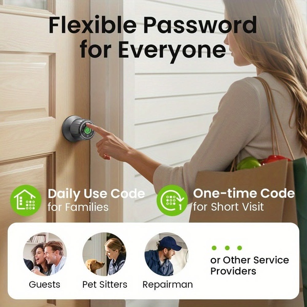 A clear, benefits-driven ad showing a user interacting with a smart door lock to demonstrate different access code options for household guests.