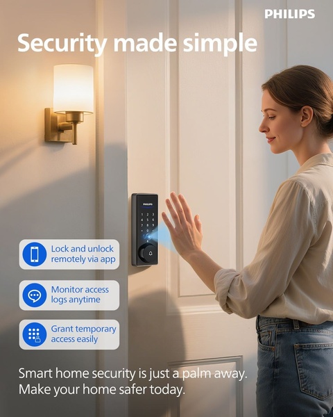 This creative showcases a smart door lock by blending lifestyle imagery with clear, benefit-driven bullet points for immediate user understanding.