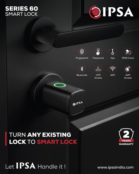 A dark-themed, high-contrast creative showcasing a smart lock's versatility through icons and clear benefit statements.