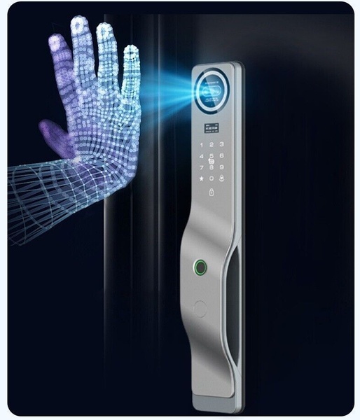 A sleek digital biometric lock shown with a holographic fingerprint scanning visualization on a dark, high-contrast background.