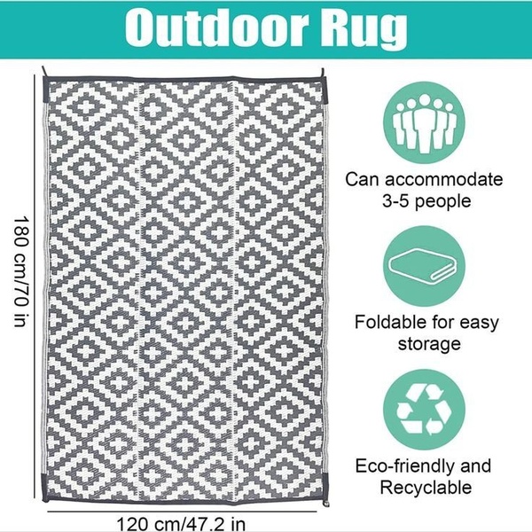A clear, informational product graphic showcasing an Outdoor Rug with dimensions, capacity, and sustainability icons.