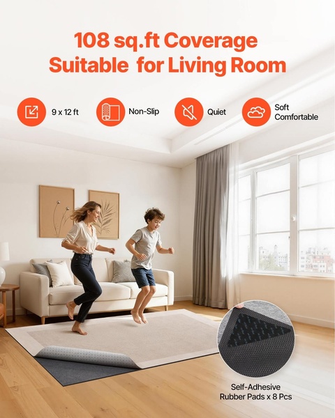 A high-performing 4:5 ad layout that uses clear iconography and social proof to highlight the functional benefits of an area rug pad in a home setting.