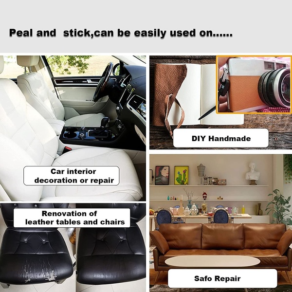 This ad creative utilizes a four-paneled grid to demonstrate the versatility of leather repair tape across various surfaces like car interiors and furniture.