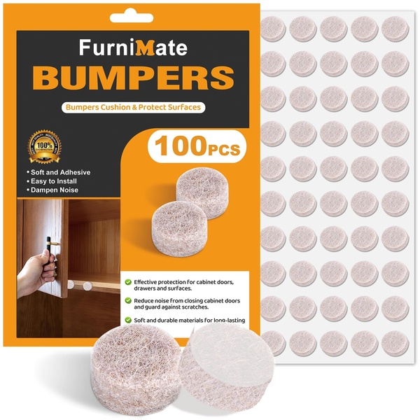 This ad creative features a high-visibility product shot showing 100 furniture bumpers with a direct application example on a cabinet door.